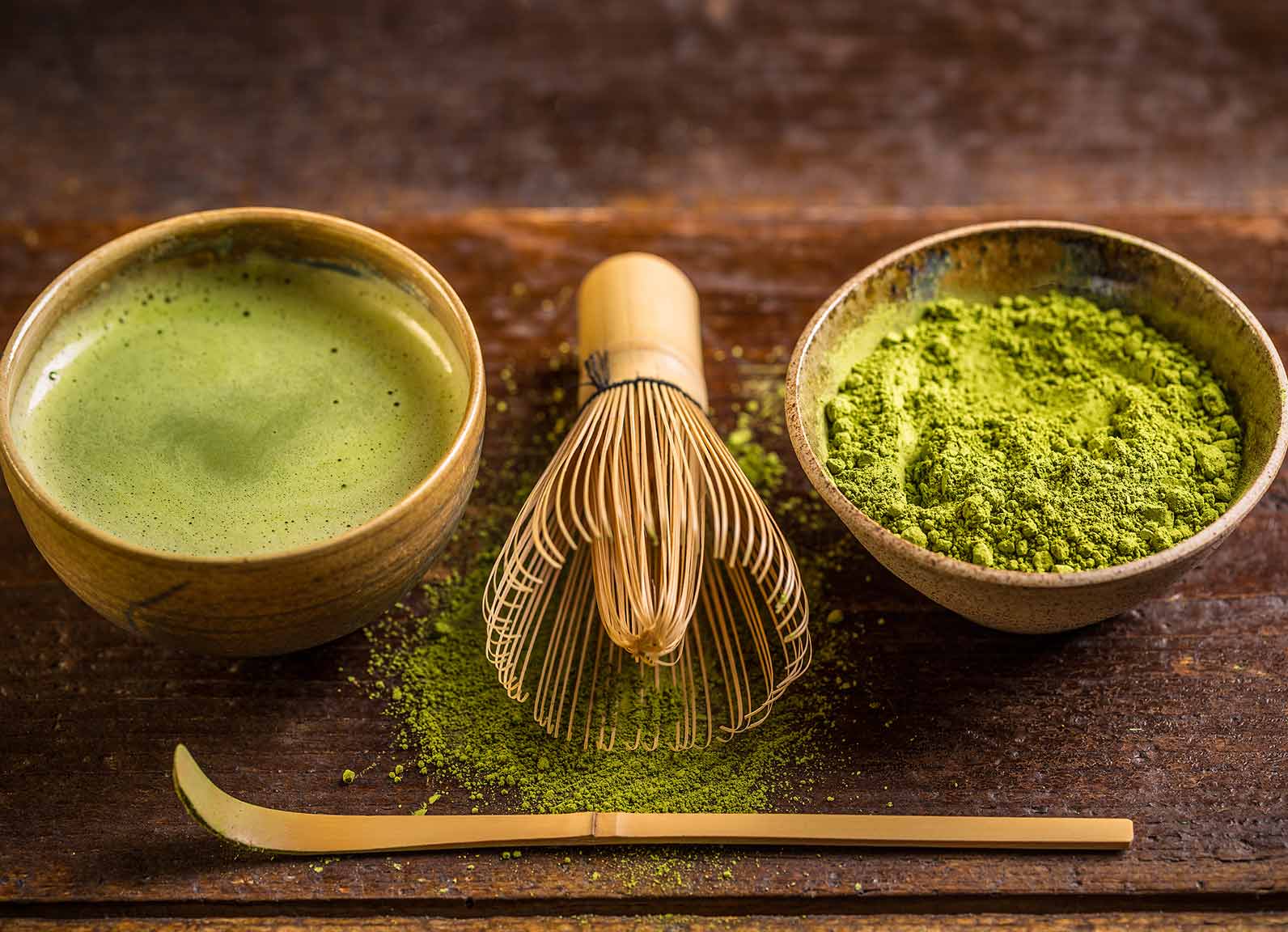 Matcha powder bowls and bamboo whisk